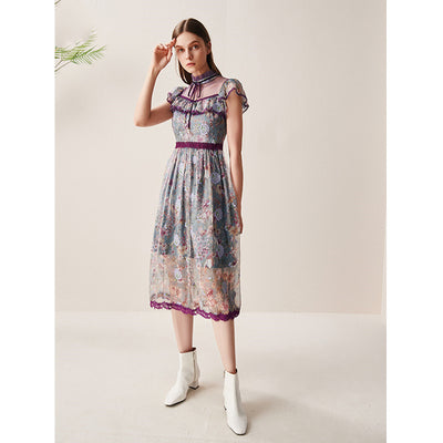Vestido de Encaje con Malla Estampada - Image 2
