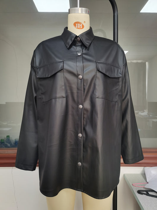 Chaqueta de Cuero Casual Negra con Botones Simples y Mangas Largas - Image 7