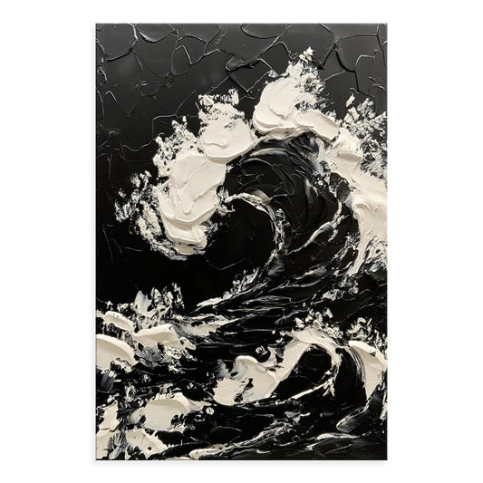 Cuadro Abstracto Olas del Mar en Blanco y Negro - Pintura al Óleo Texturizada Tamaño Grande - Image 2
