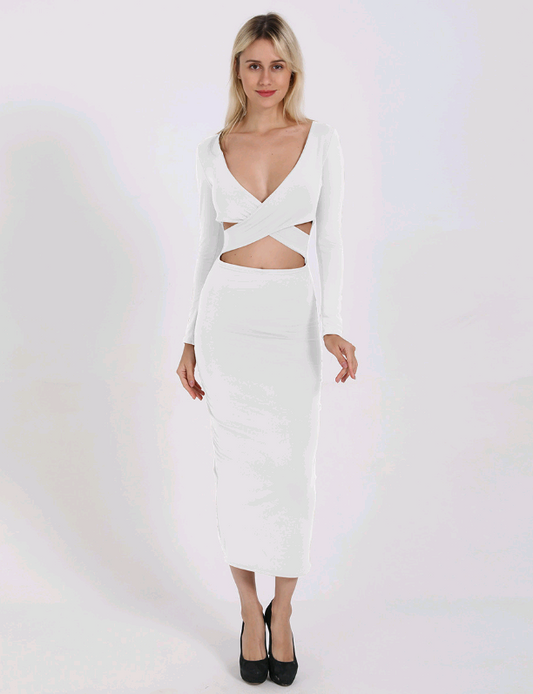Vestido Ajustado Escote V con Mangas Largas Caladas
