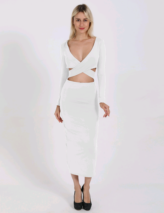 Vestido Ajustado Escote V con Mangas Largas Caladas