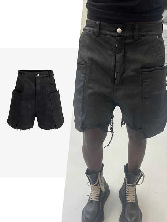 Pantalones Cortos Denim con Recubrimiento de Cera y Textura Burr - Azul Oscuro