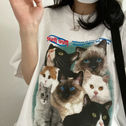 Playera Coreana de Manga Corta para Mujer con Estampado de Gato - Image 8