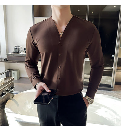 Camisa de Cuello V Manga Larga con Textura Waffle para Hombre - Image 26