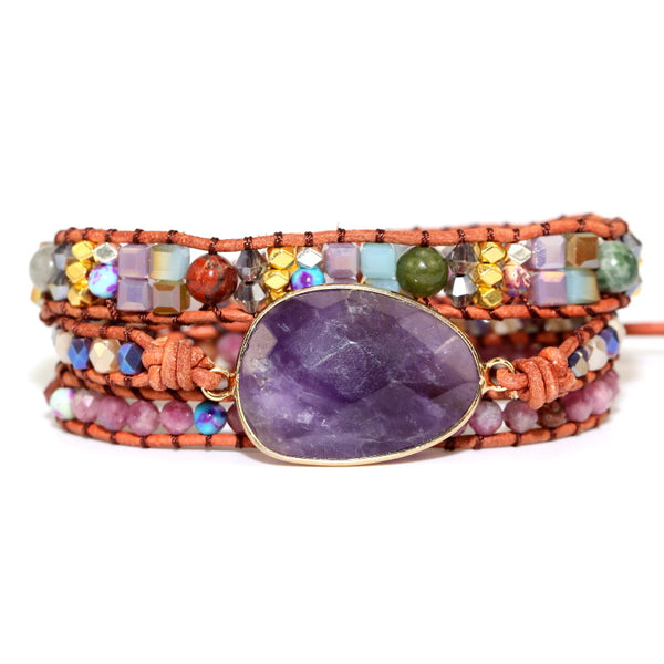 Pulsera de Cuero Tejida a Mano con Amatista - Energía Multicapa