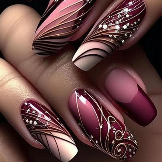 Uñas Postizas Adhesivas con Diseño de Líneas - Removibles y Reutilizables