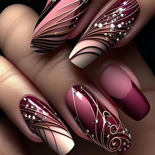 Uñas Postizas Adhesivas con Diseño de Líneas - Removibles y Reutilizables