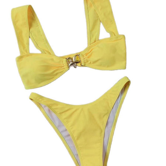 Bright yellow bikini with wide shoulder straps and a gold metal decoration on the top, worn by a woman. - Image 2