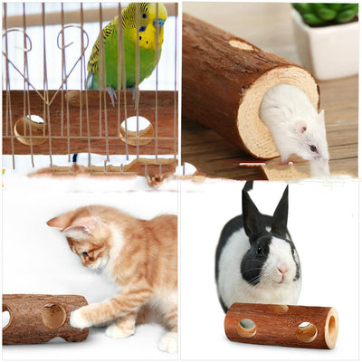 Natural solid wood pipe with bark texture and multiple holes, serving as a chew toy or hideout for small pets. - Image 9