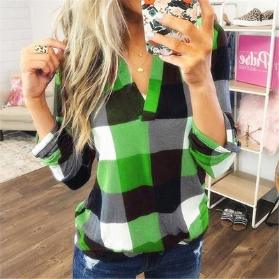 Camiseta a Cuadros con Cuello en V y Mangas Largas - Image 13