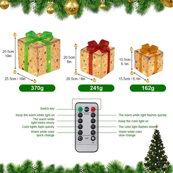 Set 3 Cajas de Regalo Navideñas con Moño Luminoso para Árbol de Navidad