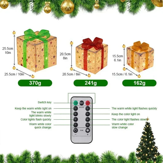 Set 3 Cajas de Regalo Navideñas con Moño Luminoso para Árbol de Navidad - Image 2