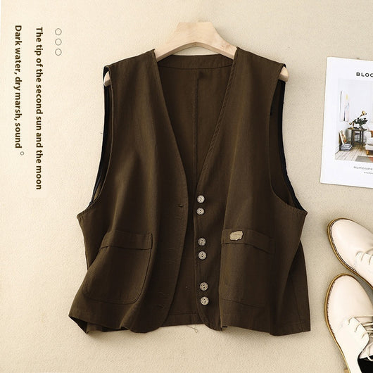 Chaleco Retro Coreano Mujer en Algodón y Lino - Image 6