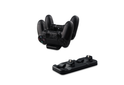 Black dual charging dock for PS4 controllers, with two controllers docked and the charging base shown separately. - Image 6