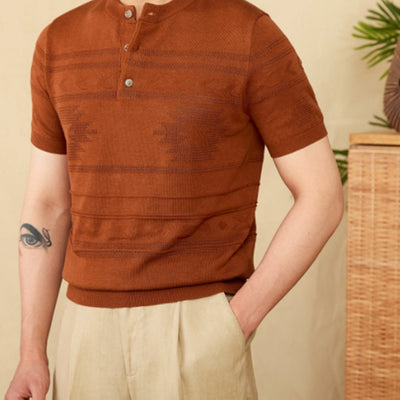 Camisa Henley Tejida Retro Americana Slim Fit Manga Corta