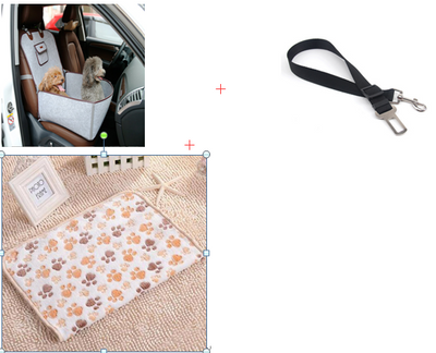 Light grey pet car seat with brown trim on a car's front passenger seat, holding two small dogs. Includes a black pet seatbelt tether. - Image 9