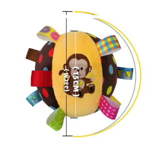 Plush ball toy with a brown polka dot base, yellow monkey embroidery, and colorful fabric tags. - Image 10