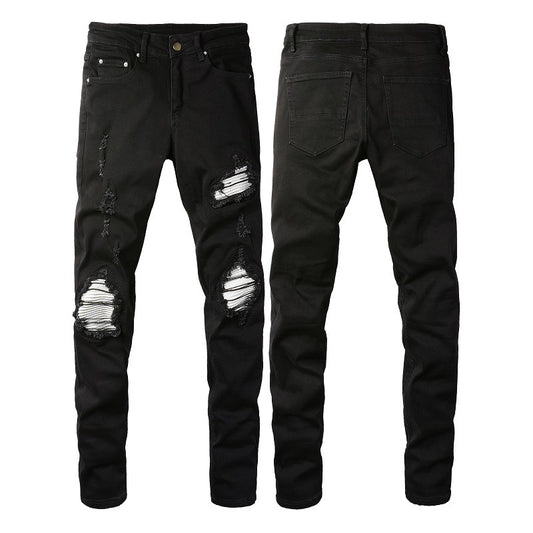 Jeans Slim Fit Rotos con Parches Plateados para Hombre