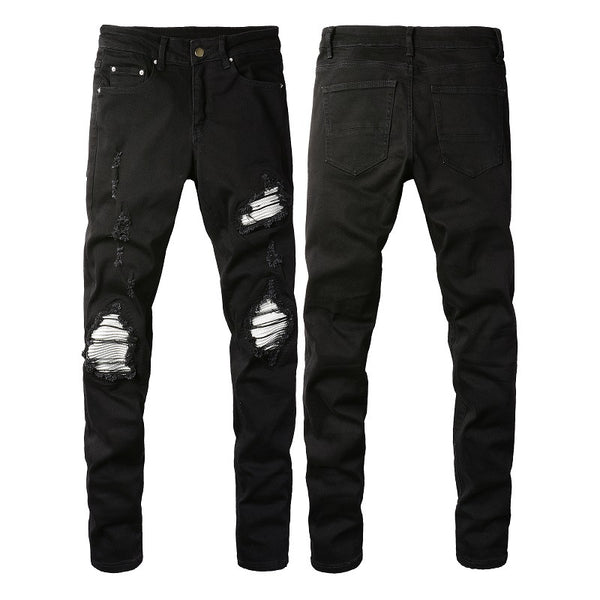 Jeans Slim Fit Rotos con Parches Plateados para Hombre