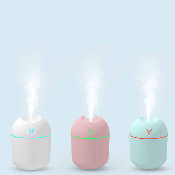 Light blue mini desktop humidifier with an orange accent line and a small orange logo, featuring a single mist outlet.