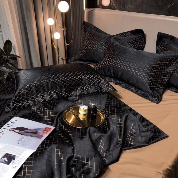 Juego de Cama Jacquard Lujo Retro Negro Dorado 120 Hilos de Algodón Puro
