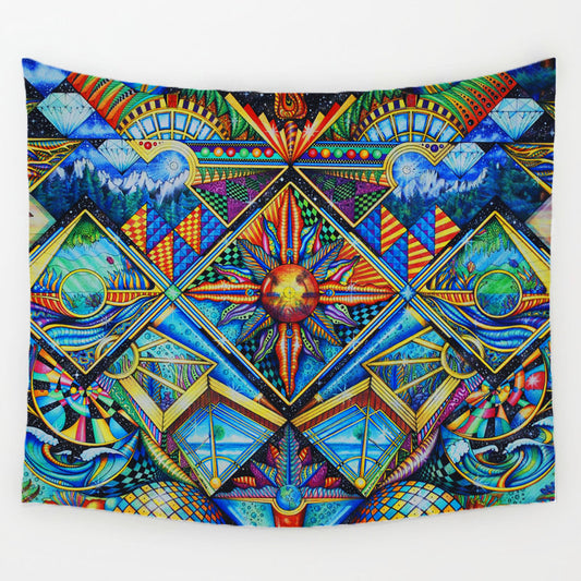 Vibrant geometric irregular hippie mandala pattern tapestry with a central sun motif and colorful abstract designs.