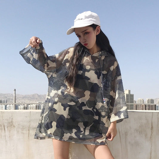 Playera de Protección Solar Harajuku con Capucha - Diseño Hueco Camuflaje
