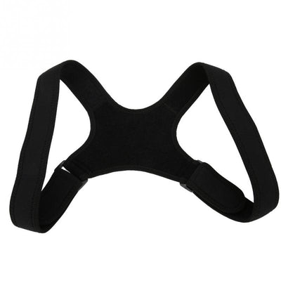 Black back shoulder spine posture corrector worn over a white long-sleeved shirt, showing adjustable straps. (2 pcs) - Image 12