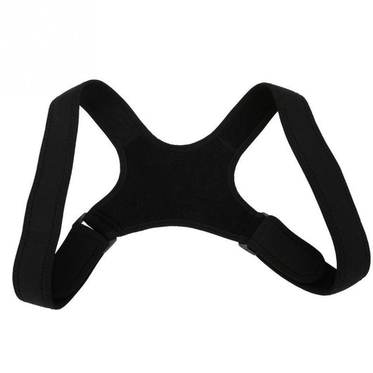 Black back shoulder spine posture corrector worn over a white long-sleeved shirt, showing adjustable straps. (2 pcs) - Image 12