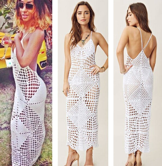 Woman wearing a white hollow-knit one-piece swimsuit with spaghetti straps and a geometric crochet pattern. - Image 6