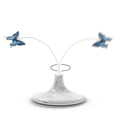 Rechargeable automatic rotating cat toy with a white base, teal paw-shaped feet, and a pink and black butterfly. - Image 4