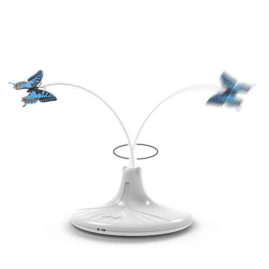 Rechargeable automatic rotating cat toy with a white base, teal paw-shaped feet, and a pink and black butterfly. - Image 4