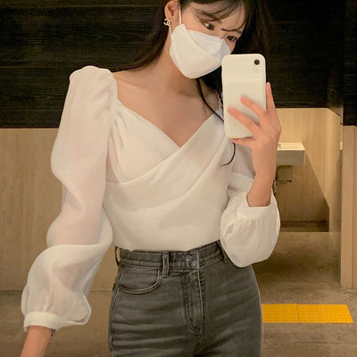 Blusa Elegante de Estilo Francés con Mangas Abullonadas