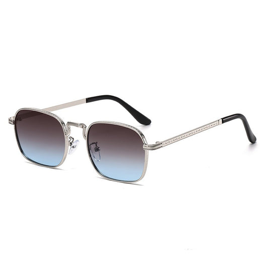Gold frame square-oval sunglasses with gradient black and grey lenses and black temple tips on a white background. - Image 4