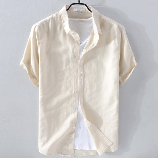 Camisa de Lino Puro Manga Corta Transpirable para Hombre