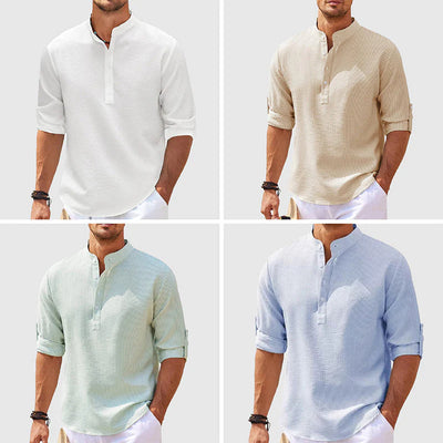 Camisa Casual Manga Larga Cuello Mao Hombre Color Sólido - Image 13
