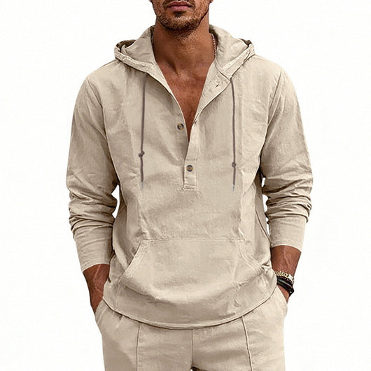 Camisa Hoody de Lino Transpirable para Hombre - Manga Larga Casual - Image 3