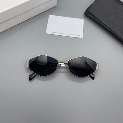 Gold metal polygon sunglasses with dark lenses, displayed with a white authenticity card and black case. - Image 4