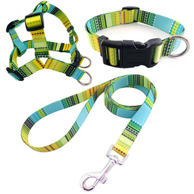 Blue geometric pattern pet collar, harness, and leash three-piece set with black buckles and silver hardware. - Image 2