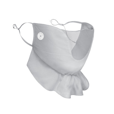 Pink chiffon sun mask with ear hooks, ruffled bottom, and mesh panel for UV protection. - Image 5