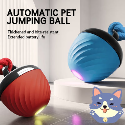 Red and black smart interactive pet toy ball with a textured swirl pattern and an attached red rope.