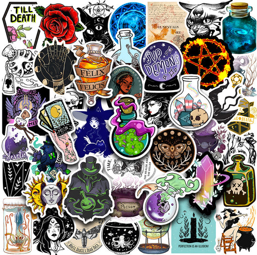 50 waterproof PVC stickers featuring occult, witchy, and mystical designs, including a prominent sun and moon face. - Image 9