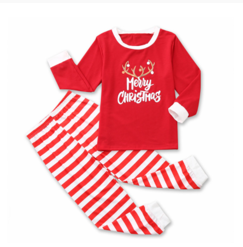 Red and white Christmas pajama set with a long-sleeve top featuring 'Merry Christmas' text and reindeer antlers, paired with striped pants. - Image 10