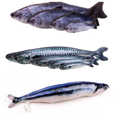 Two plush fish cat toys, one large and one small, with realistic green and brown scale patterns. - Image 17