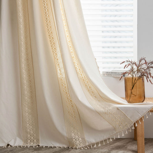 Beige crochet and plaid stitching short curtain with tassels, made from polyester cotton, hanging in a cozy room. - Image 9