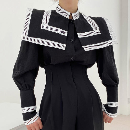 Blusa Suelta con Solapa Grande y Detalles de Contraste - Image 4