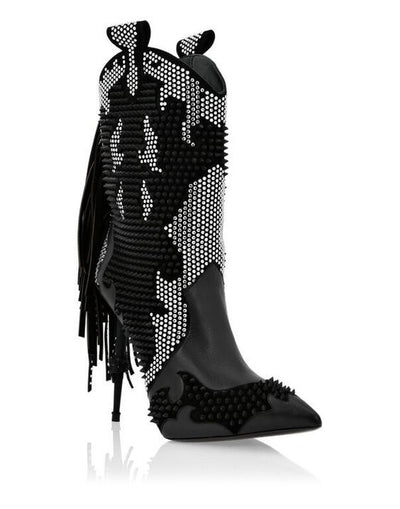 Botas Cortas Mujer Punta Afilada con Flecos y Bloques de Color - Image 3