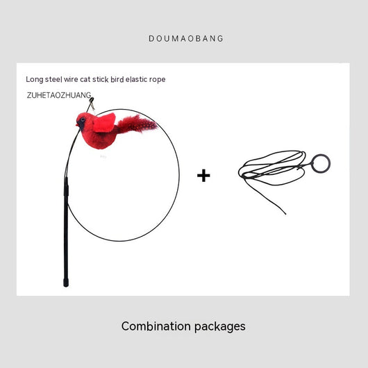 Red plush bird cat toy on a long steel wire stick with an elastic rope, designed for interactive pet play. - Image 13