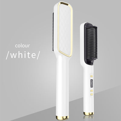 Two white and gold electric hot combs, one larger with a textured panel and one smaller with a digital temperature display. - Image 13