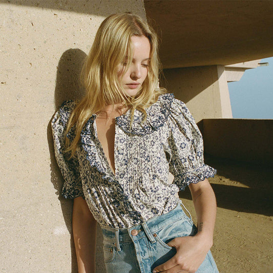 Blusa Vintage Francesa Resort con Volantes Estampada para Mujer